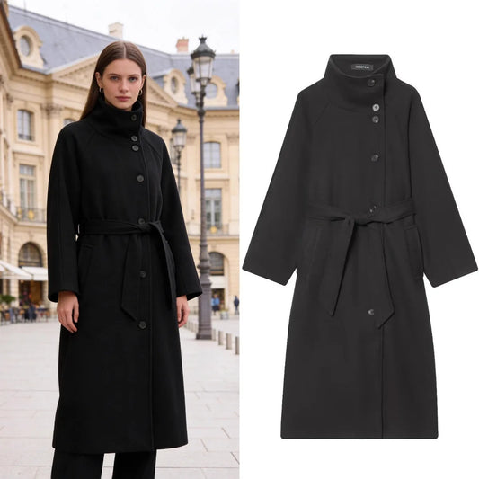 Women's Fashion Loose Coat Winter Retro Simple Classic Stand Collar Belted Outwear Single-Breasted Casual Solid Color Jacket