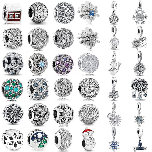 NEW 925 Sterling Silver Snowy Winter Series Charm – Glittering Snowflake and Snowman for Original Bracelet Accessories Women Jewelry