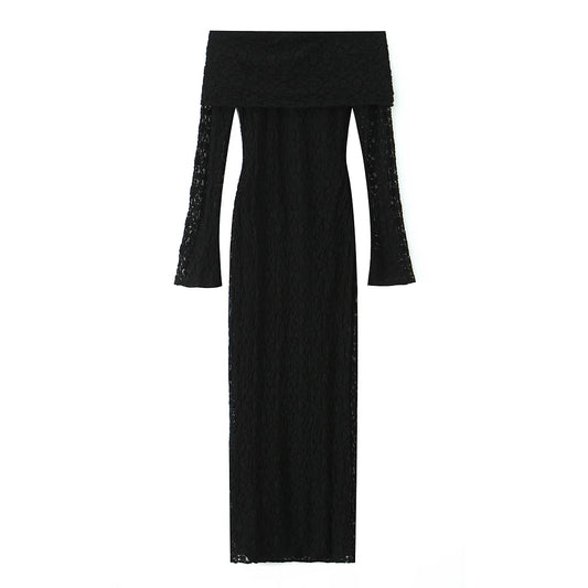 HH  2026 Summer  Women ' s Fashion  and Sexy  Dress  Black  Long  Chiffon  Lace  Long  Sleeved  Strapless  Elegant  Dress