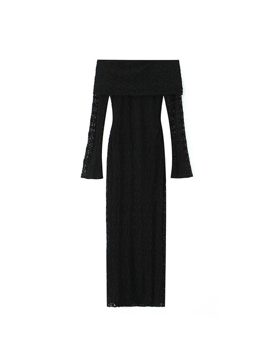 HH  2026 Summer  Women ' s Fashion  and Sexy  Dress  Black  Long  Chiffon  Lace  Long  Sleeved  Strapless  Elegant  Dress