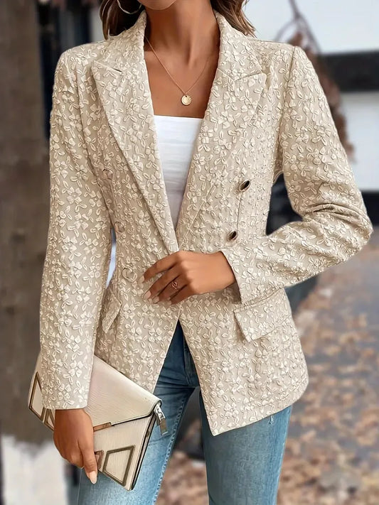 Women Fashion Blue  Blazer Jacket 2024 New Office Lady Double Breasted Pockets Vintage Female Coat 