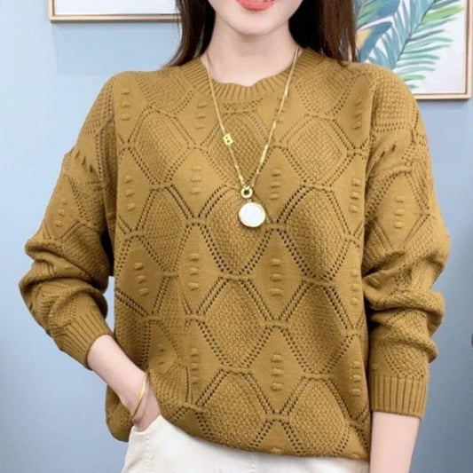 Fashion Round Neck Solid Color Knitted Sweater Women Hollow Thin Loose Long Sleeve Top Spring Autumn Summer