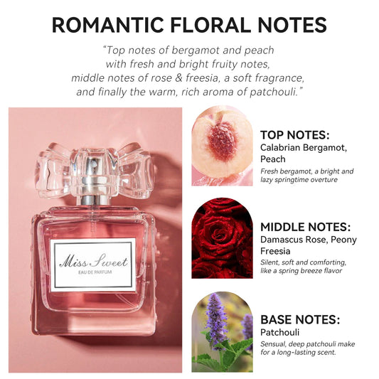 50ml Long-Lasting Women’s Perfume Romantic Floral Eau de Parfum Peach Rose Bergamot Patchouli