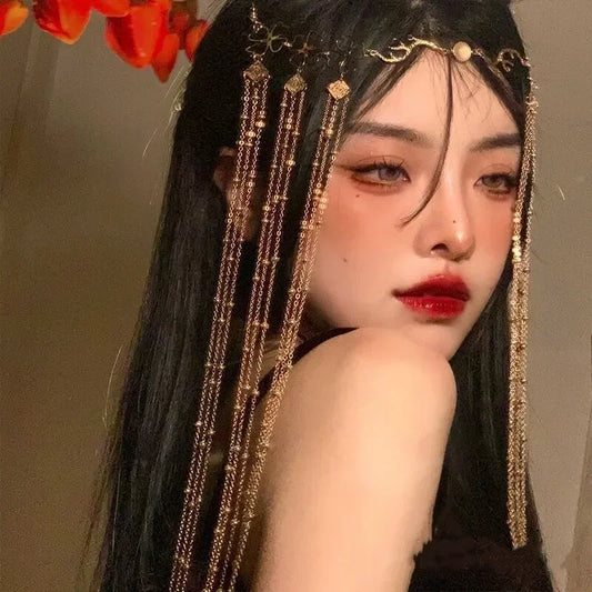 Retro golden hair accessories Chinese style hairbands tassels Chinese forehead headbands hair clips womens hair accessories