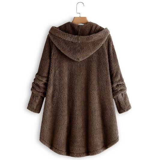 Autumn Winter Women’s Coat – Warm Wool Plush Hooded Jacket, Solid Color Female Outerwear