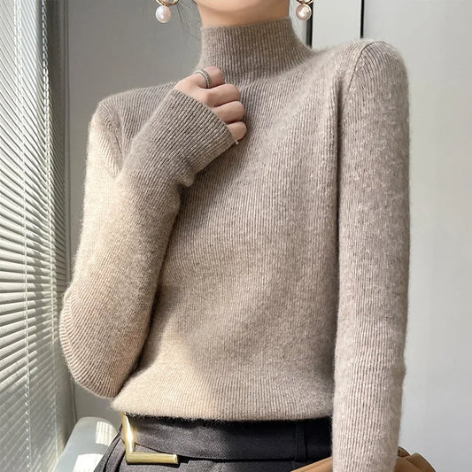 Autumn Winter Women Slim Fit Sweater Black Long Sleeve Mock Neck Bottoming Shirt Basic Knitted Pullover