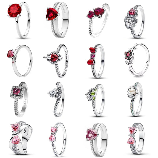 Valentine’s Day Gift Pink Bow and Red Heart 925 Silver Elegant Ring – Exquisite Women’s Jewelry for Wedding and Party
