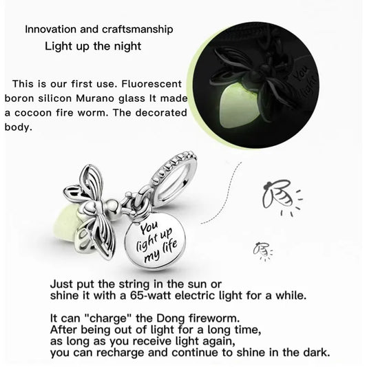 Hot Sale DIY Glow-in-the-Dark Firefly & Lightbulb Double Dangle Charm Bead – Fits Original 925 Silver Bracelet Women Jewelry