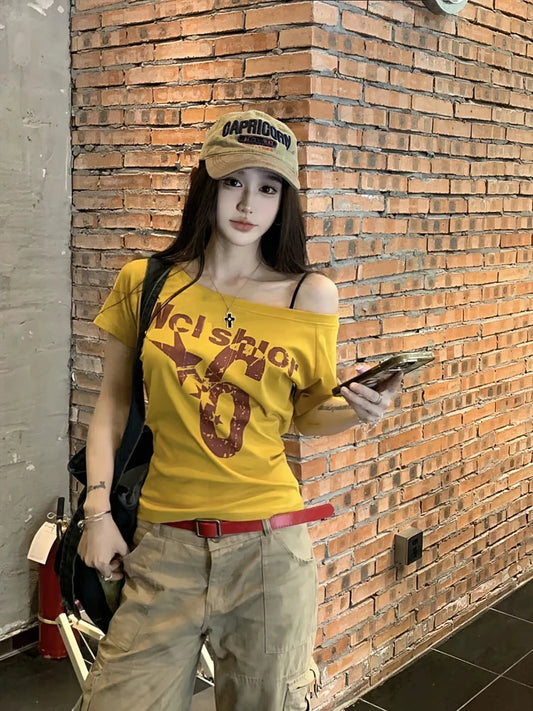 Y2K Sport Summer Off-Shoulder Top Women Sexy Vintage 2000s Short Sleeve Crop T-Shirt