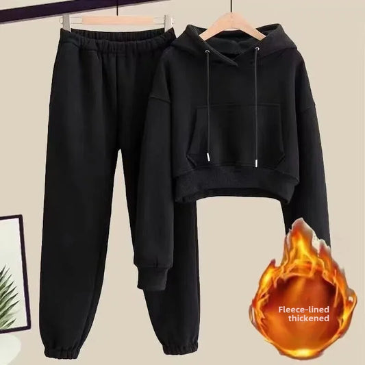 Petite Autumn Winter Women’s Fleece-Lined Thickened Hooded Sweatshirt and Jeans 2-Piece Winter Set
