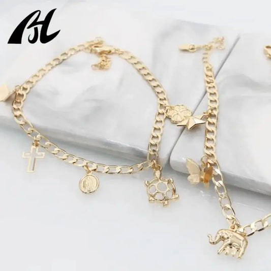 Gold Plated Elephant Butterfly Dolphin Star Heart Shell Cross Virgin Mary Turtle Clover Ankle Chin Foot Jewelry Anklets Set