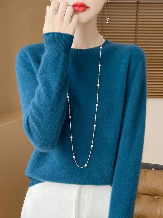 Autumn Winter Women 100% Merino Wool O-Neck Cashmere Pullover Basic Solid Fashion Warm Top