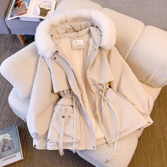 2024 New Women’s Cotton-Padded Plush Parka Coat – Warm Hooded Long Sleeve Zipper Drawstring Outerwear