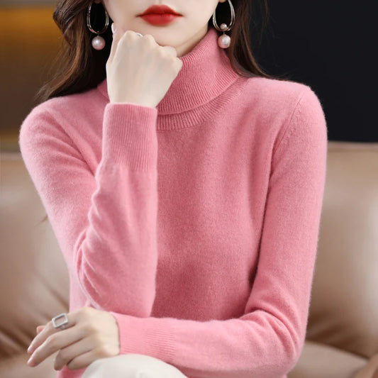 100% Merino Wool Cashmere Sweater Women Knitted Turtleneck Long Sleeve Pullover Autumn Winter Warm Jumper Top