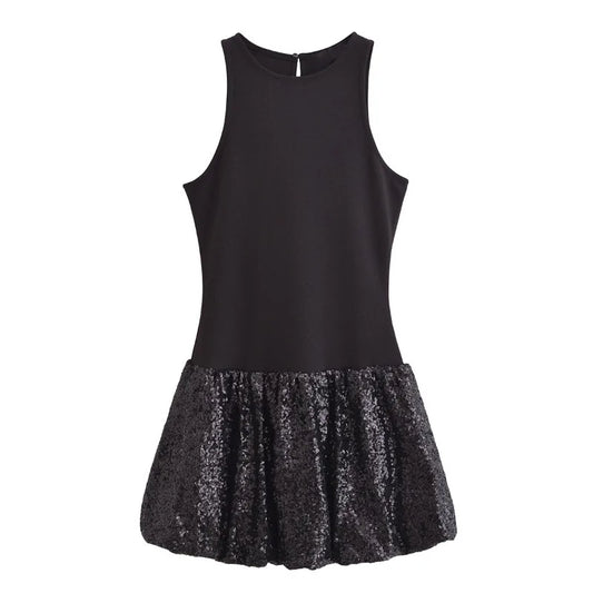 Fashion Party Dress for Women Fashion Autumn Winter New Round Neck Sleeveless Sequined Patchwork Chic Female Evening Clothing