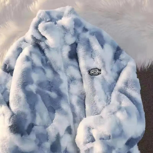 New Women’s Tie Dye Lamb Fleece Jacket Autumn Winter Zipper Outerwear Warm Plush Harajuku Casual Loose Thick Coat