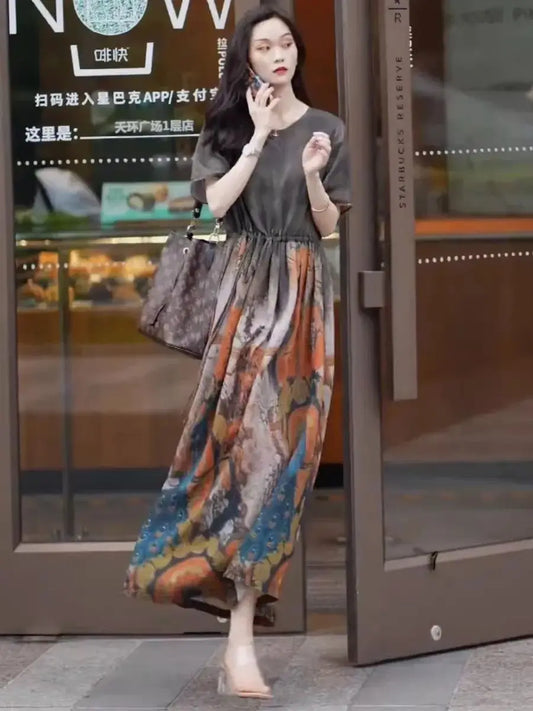 Fashionable Dress for Women 2025 Summer New Retro Drawstring Waist-hugging Long A-line Skirt