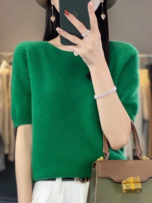 100% Pure Wool Women’s O-Neck Pullover T-Shirt – Spring Summer Loose Short Sleeve High-End Sweater Top