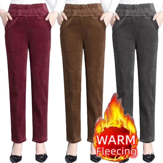 Autumn Winter Women’s High Waist Fleece Corduroy Pants – Elegant Plush Pencil Leggings for Office & Casual Wear