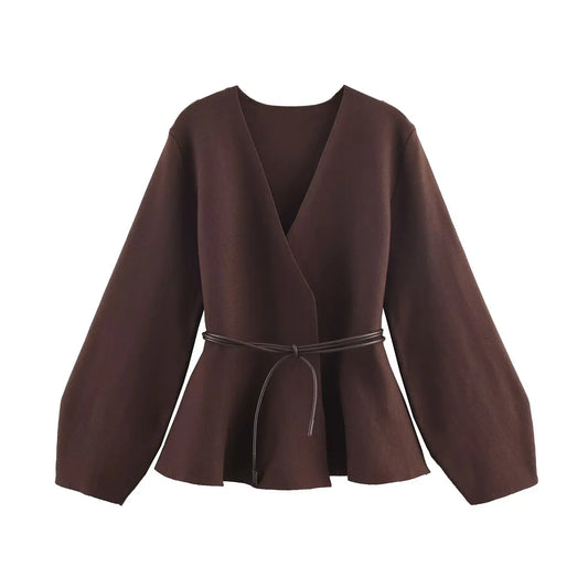 HH Woman's Fashion High Street V-Neck Tops Belt Decoration Jacket Women Autumn Casual Long Sleeve Solid Knitted Cardigan Trendy