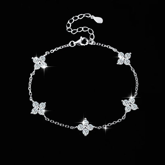 925 Sterling Silver Crystal Flower Bracelet | Korean Style Chain | Women Girls Fashion Jewelry Party Gift