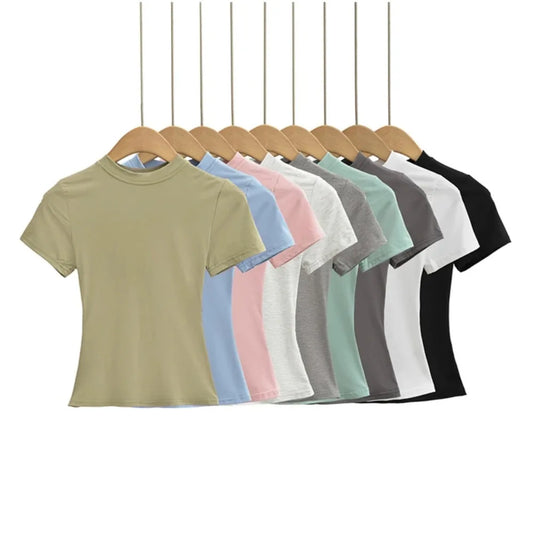 2025 New Women’s Casual T-Shirt – Sexy Slim Short Sleeve Solid Y2K Trend Top