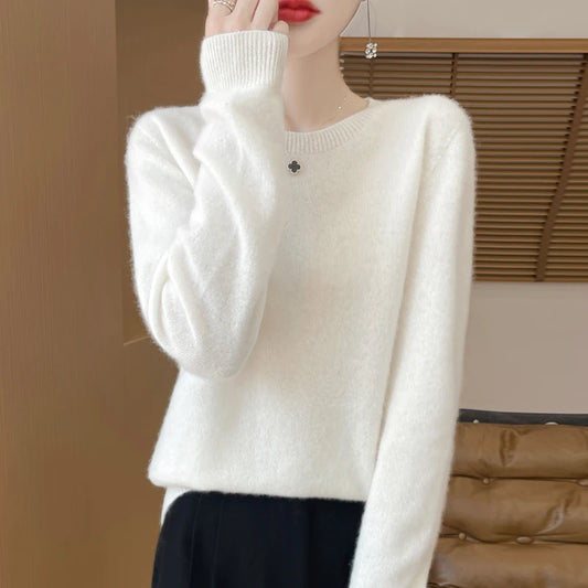 Autumn Winter Women 100% Merino Wool O-Neck Cashmere Pullover Basic Solid Fashion Warm Top