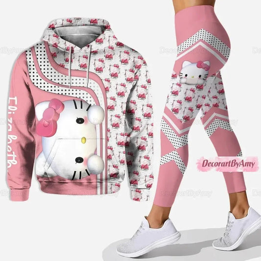 Disney Hello Kitty 3D Hoodie Women’s Hoodie and Leggings Set Patchwork Yoga Pants Sweatpants Fashion Sports Set