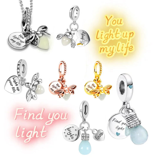 Hot Sale DIY Glow-in-the-Dark Firefly & Lightbulb Double Dangle Charm Bead – Fits Original 925 Silver Bracelet Women Jewelry