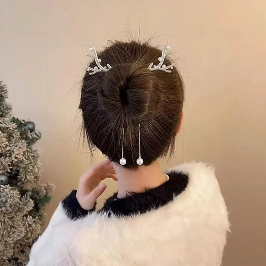 Christmas Reindeer Antler Hair Clip Rhinestone Circular Base Festive Holiday Hair Accessories, Christmas Hair Accessories