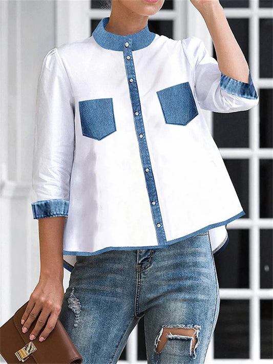 Women's Fashion Contrast Color A-line Blouses Loose High-low Buttoned Stand Collar Casual Daily Shirts Tops