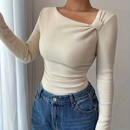Elegant Women’s Autumn Winter Knitted Solid Color Asymmetrical Neck Long Sleeve Pleated Slim Fit T-Shirt