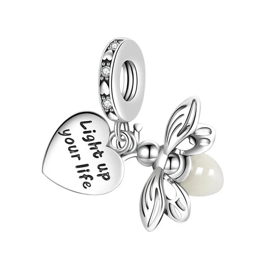 Hot Sale DIY Glow-in-the-Dark Firefly & Lightbulb Double Dangle Charm Bead – Fits Original 925 Silver Bracelet Women Jewelry