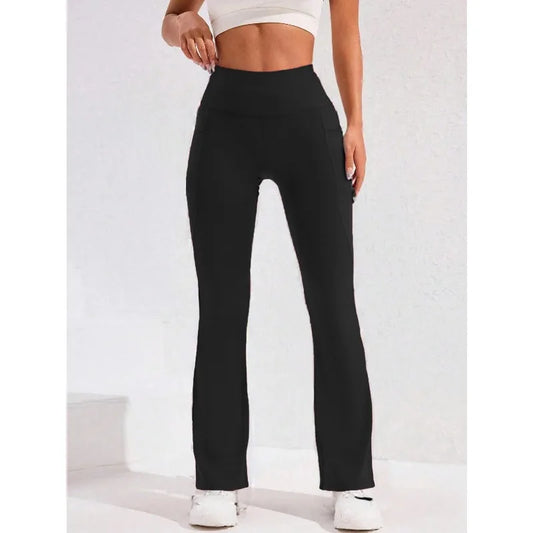 High Waist Flare Yoga Pants for Women – Wide Leg Running Tights with Pocket & Butt Lift