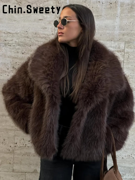 2025 Women’s Fashion Solid Faux Fur Coat – Loose Lapel Full Sleeve Streetwear Outerwear