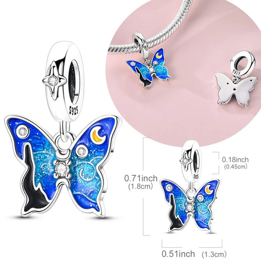 Original 925 Sterling Silver Starry Sky Butterfly Paint Charm Bead Pendant – Fits Original Bracelets & Chains for Women DIY Gift