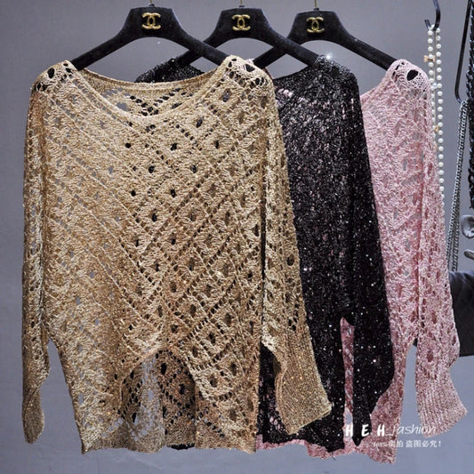 Fall Clothes for Women 2024 Fashion Sexy  Sequins Hollow Out Loose Gold Bright Silk Gown Bats Long-sleeved Round Collar Knitting