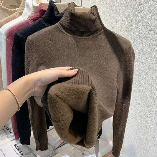 2025 New Thickened High Collar Pullover Women’s Sweater Top Winter Warm Solid Color Inner Wear Bottoming Shirt