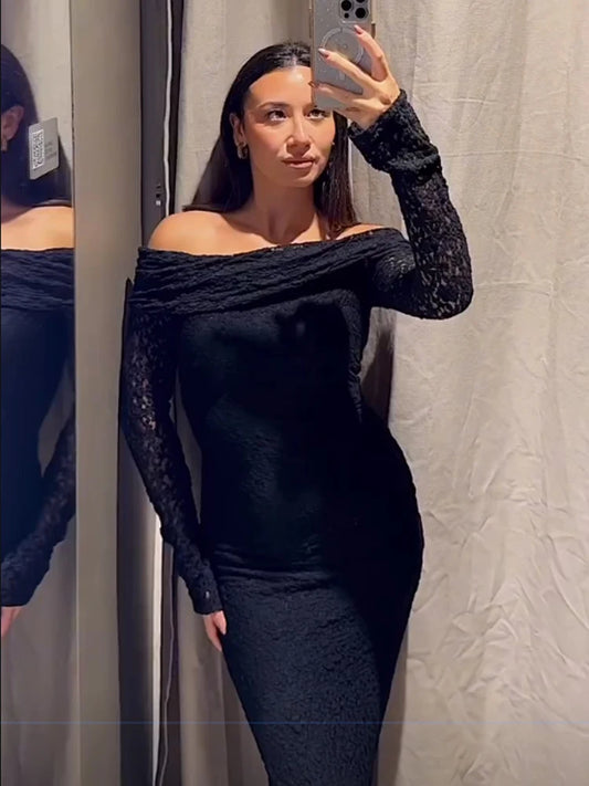 HH  2026 Summer  Women ' s Fashion  and Sexy  Dress  Black  Long  Chiffon  Lace  Long  Sleeved  Strapless  Elegant  Dress