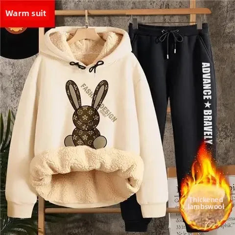 Lamb Velvet Hoodie Set Women Thickened Autumn Winter Sweatshirt Pants Full Sleeve Fashion Student Outfit