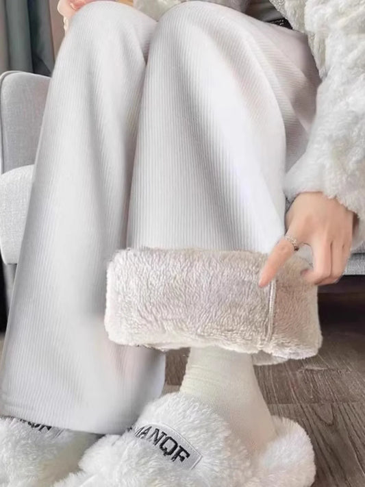 European Cotton Fleece Wide Leg Pants for Women – Autumn Winter Casual Loose Slimming Trousers
