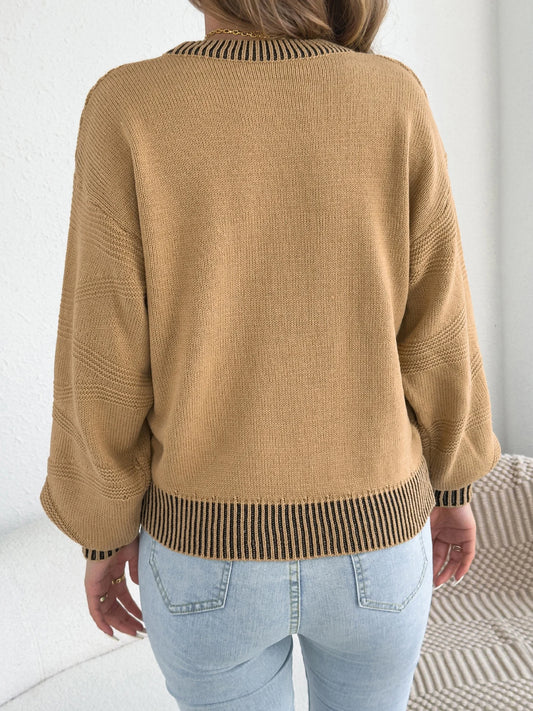 Autumn Winter Casual Round Neck Striped Sweater Women 2025 Lantern Long Sleeve Knitted Pullover