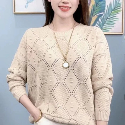 Fashion Round Neck Solid Color Knitted Sweater Women Hollow Thin Loose Long Sleeve Top Spring Autumn Summer
