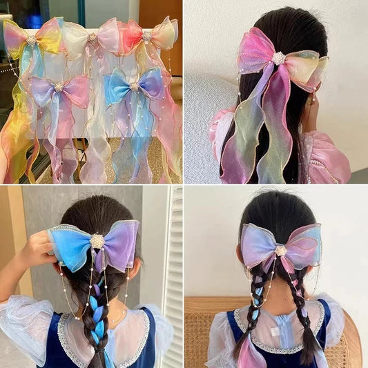 Children's Hair Accessories Pearl Tassels Bows Ribbons Braided Hairpins Headdresses Girls Princess Hair Clips Hair Accessories