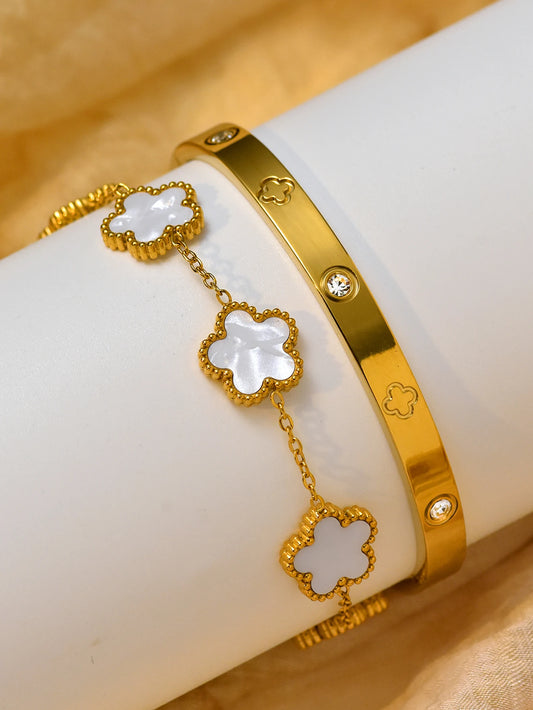 2 Pcs Stacked Stainless Steel Clover Bracelet Holiday Christmas Gift Set Everyday Jewellery In Stock Wholesale Available
