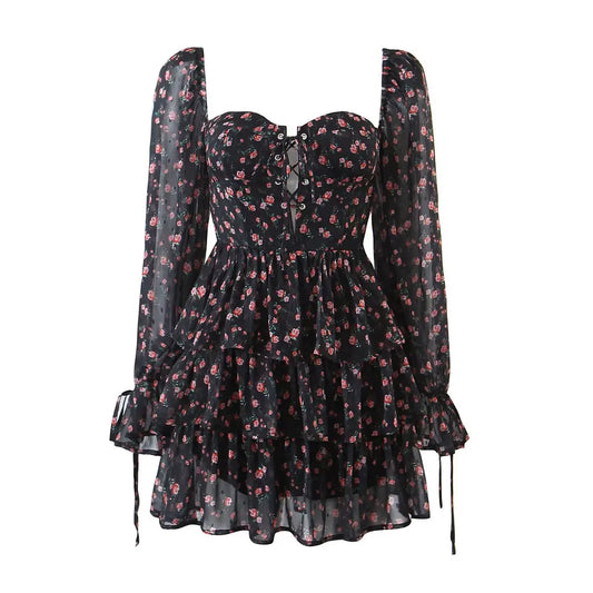 E 2022 Fashion Women Vintage Floral Print Chiffon Dress Sexy Semi-Sheer Long Sleeve Layered Ruffle Ladies Short Dress