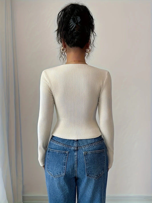 Elegant Women’s Autumn Winter Knitted Solid Color Asymmetrical Neck Long Sleeve Pleated Slim Fit T-Shirt