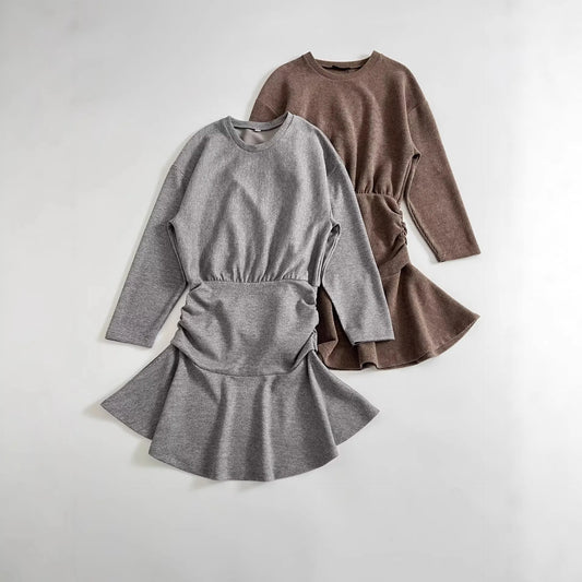 Women's Fashion Trend Dress Autumn Winter Casual Versatile Waist-Defined Round Neck Skirt Solid Color Pleated A-Line Petticoat