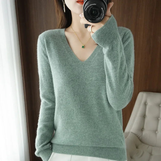 Women’s Sweater 2025 Autumn Winter V-Neck Slim Fit Knitted Pullover Solid Basic Knitwear Jumper