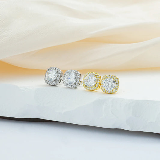 Full-Paved Square-Frame Round Moissanite Earrings – S925 Silver Drop Earrings for Men & Women | Gold & Silver Studs